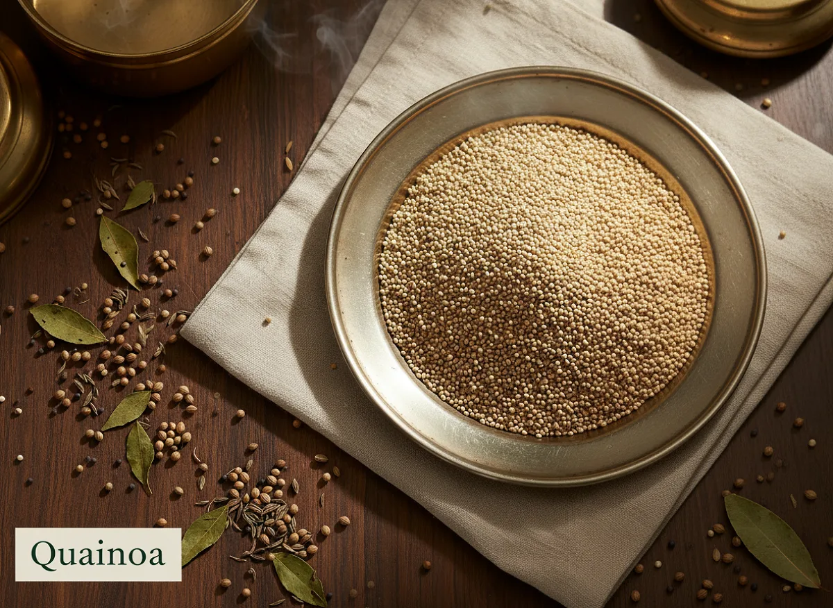 Close-up of white and red quinoa grains in a white bowl, ready to cook.