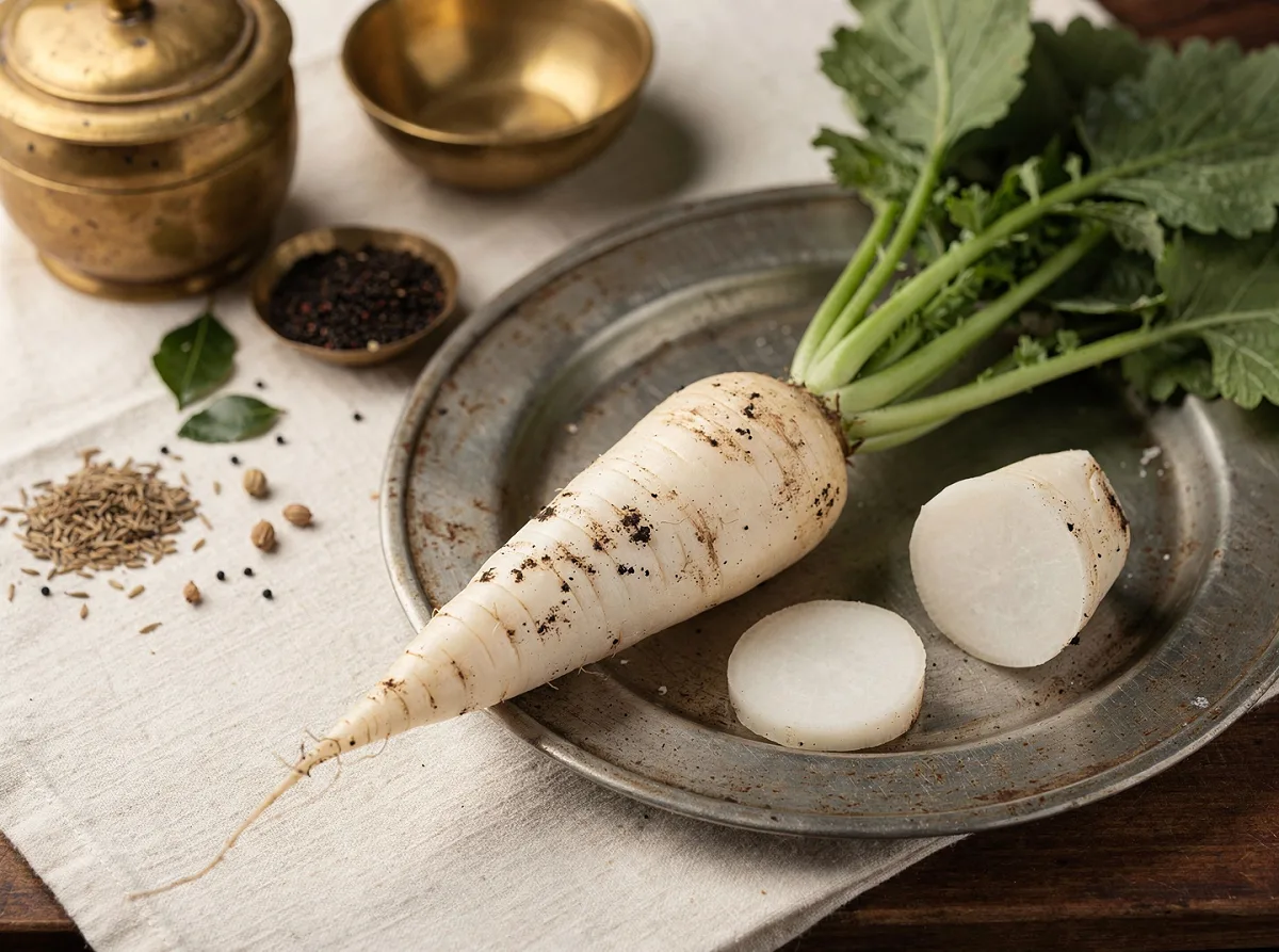 Fresh white radish with smooth skin, whole and sliced pieces on a wooden surface