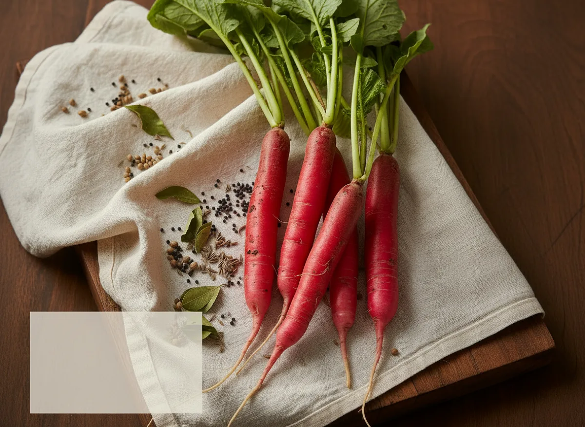 Fresh red radish with white flesh, whole and sliced, on a wooden surface