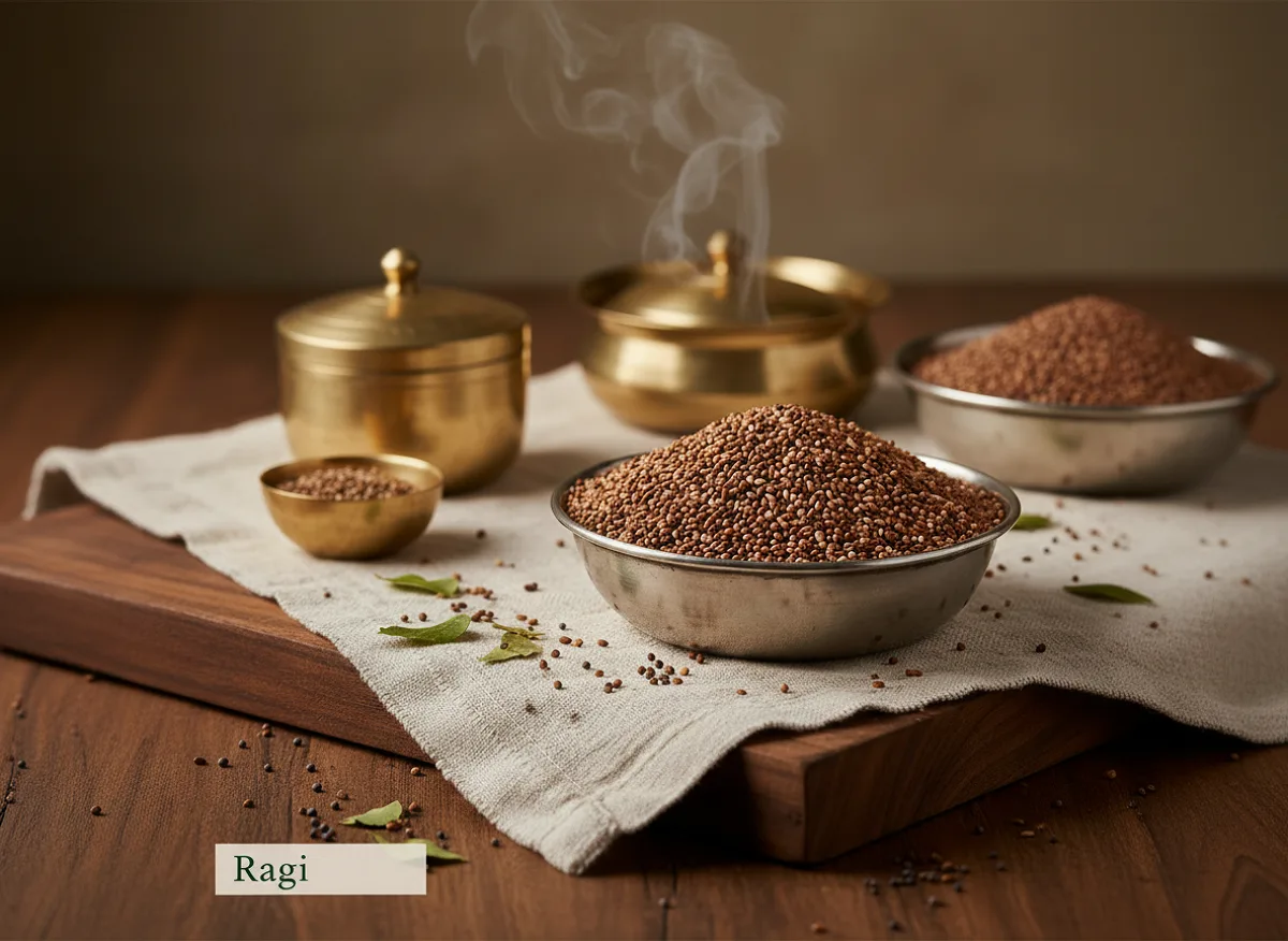 Close-up of dark brown finger millet grains (ragi) in a white bowl with scattered grains on wooden surface.
