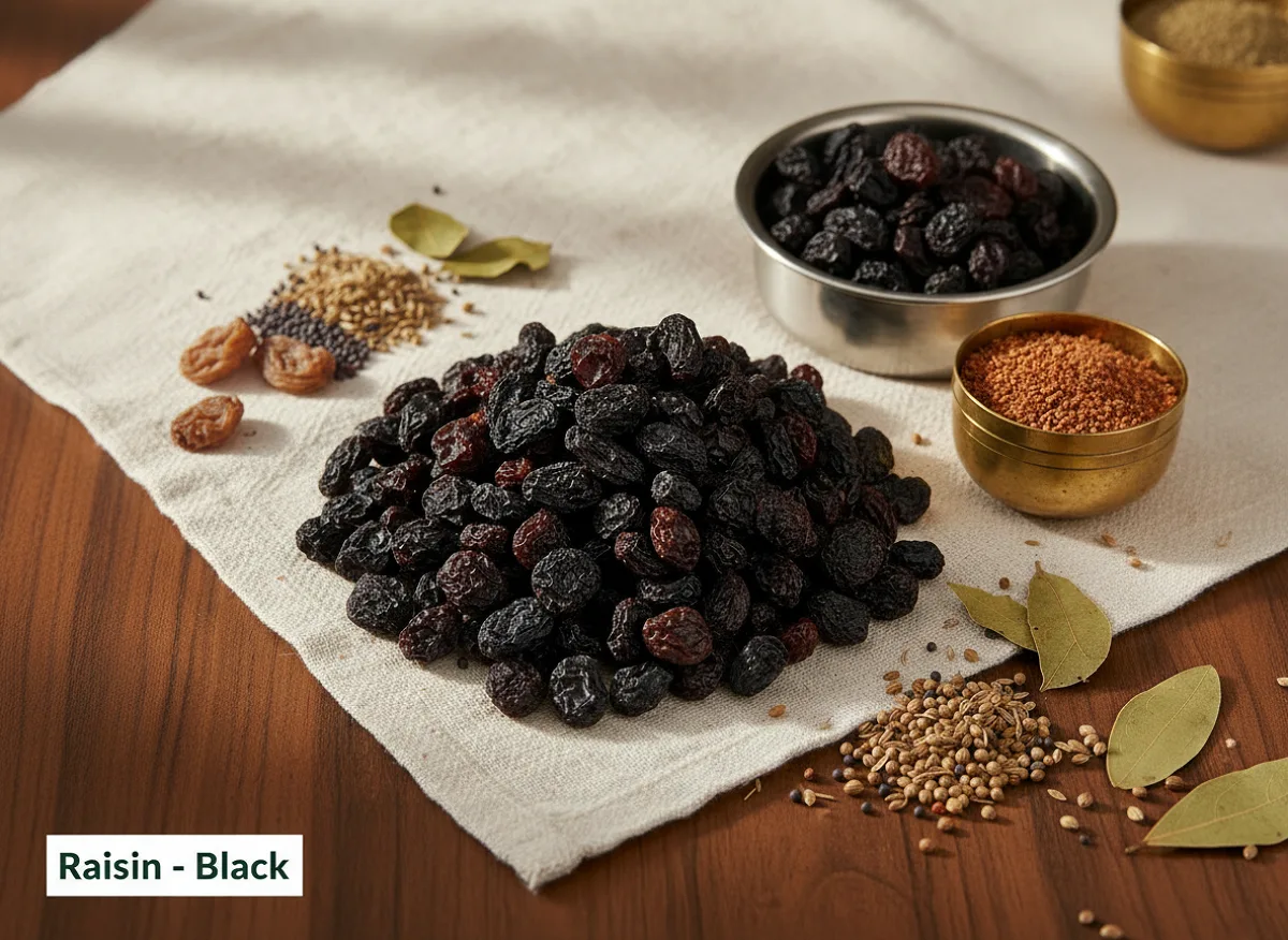 Close-up of dark brown-black raisins, wrinkled texture, scattered on white background