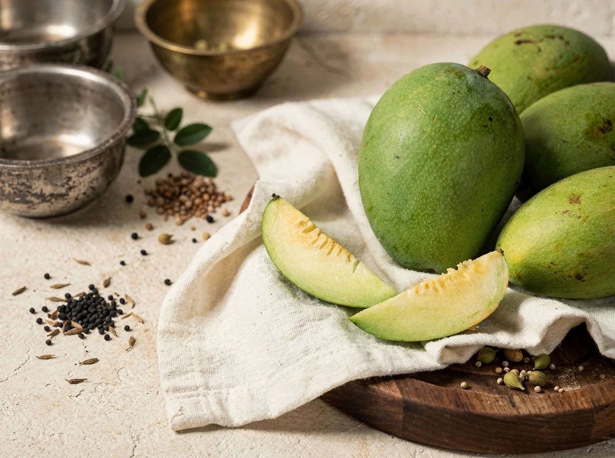 Fresh raw green mango with smooth skin, whole and halved, showing pale yellow-green flesh and large central pit.