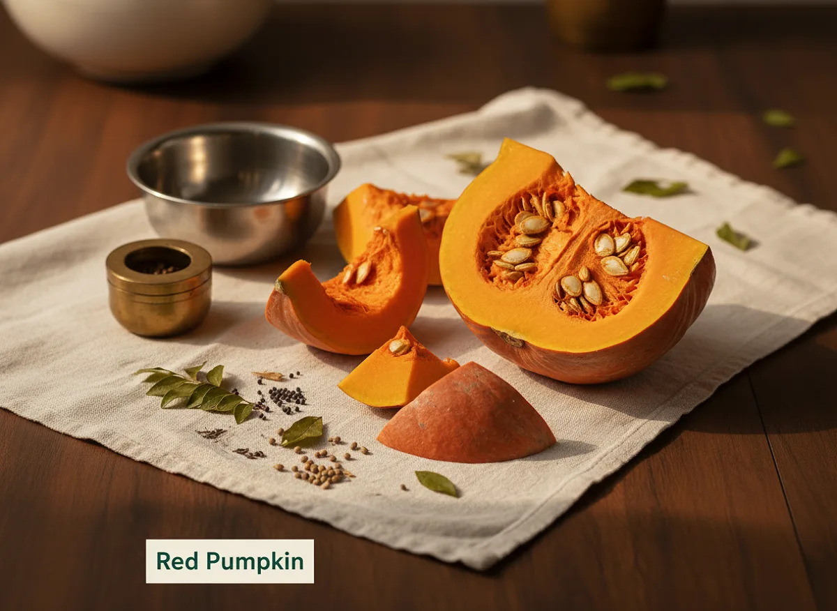 Whole red pumpkin with thick orange-red skin, round shape, displayed on a light background.