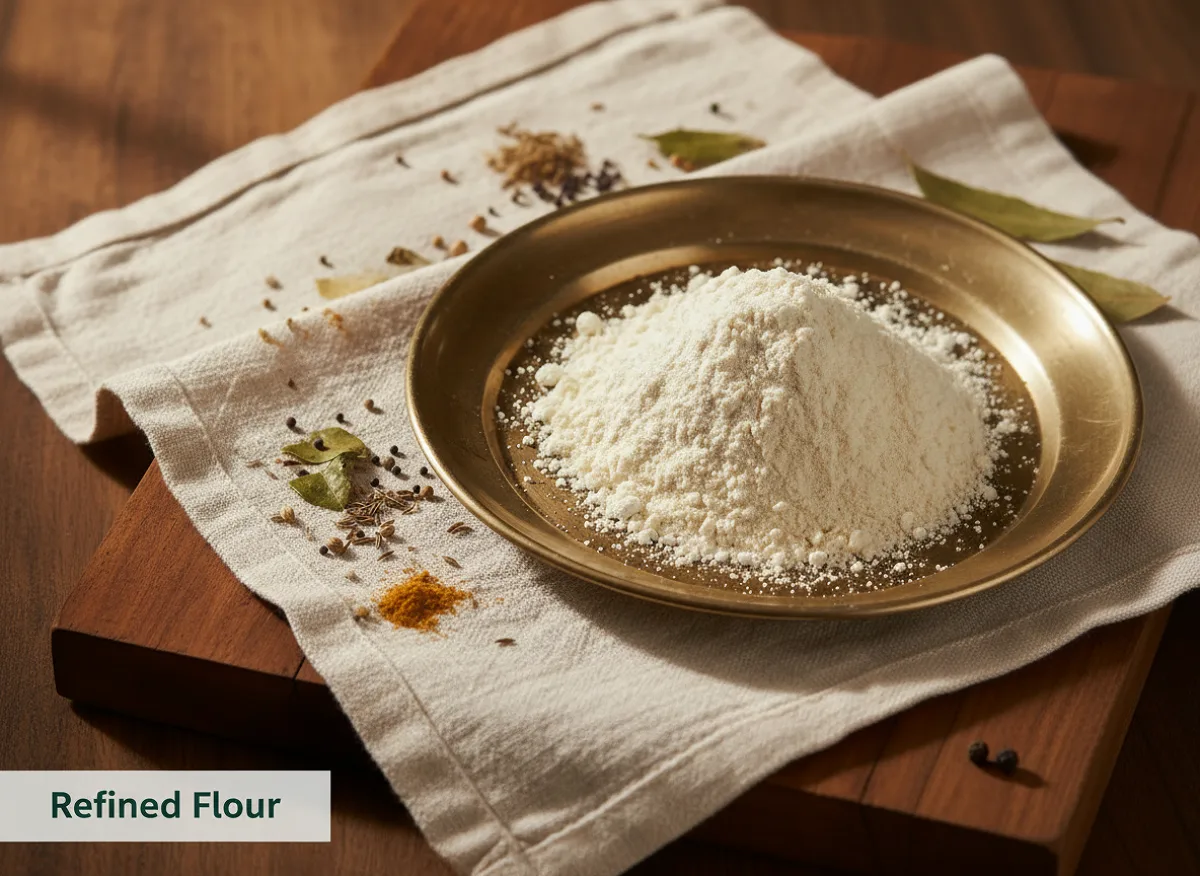 Fine white refined flour (maidaa) in a clear glass bowl, showing smooth powdery texture.