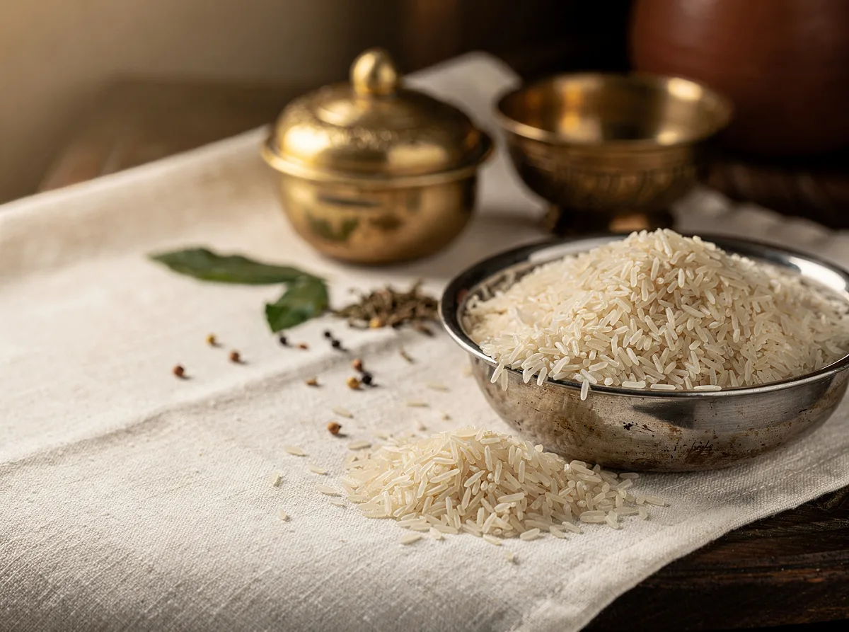 Close-up of white polished rice grains, whole and uncooked, in a white bowl.