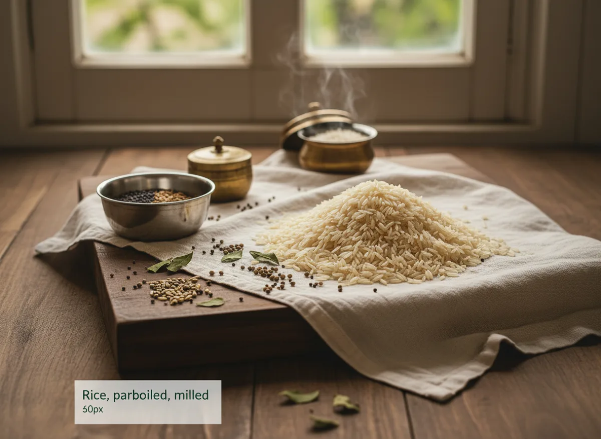 Parboiled rice grains, white and whole, in a clear glass bowl