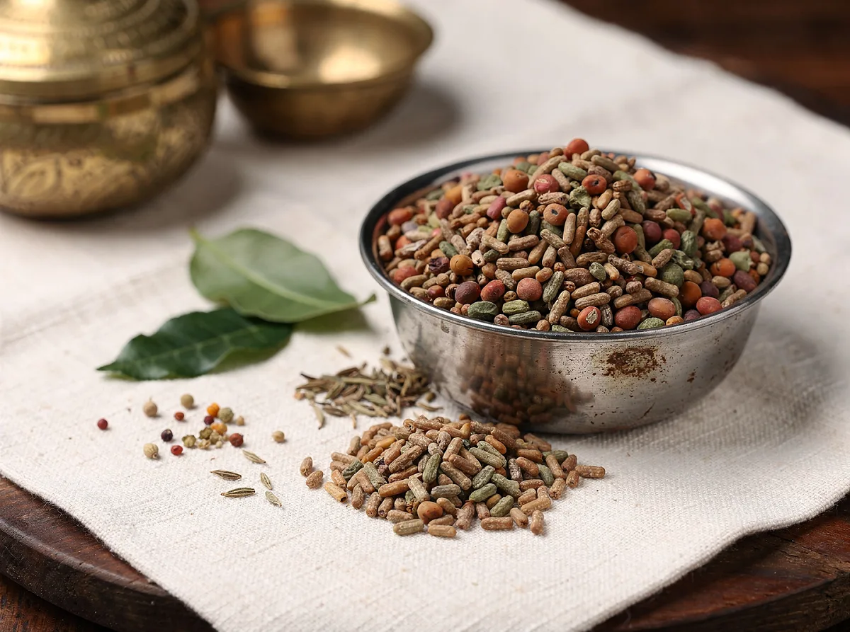 Dried ricebean lentils, small round legumes with reddish-brown color, in a bowl