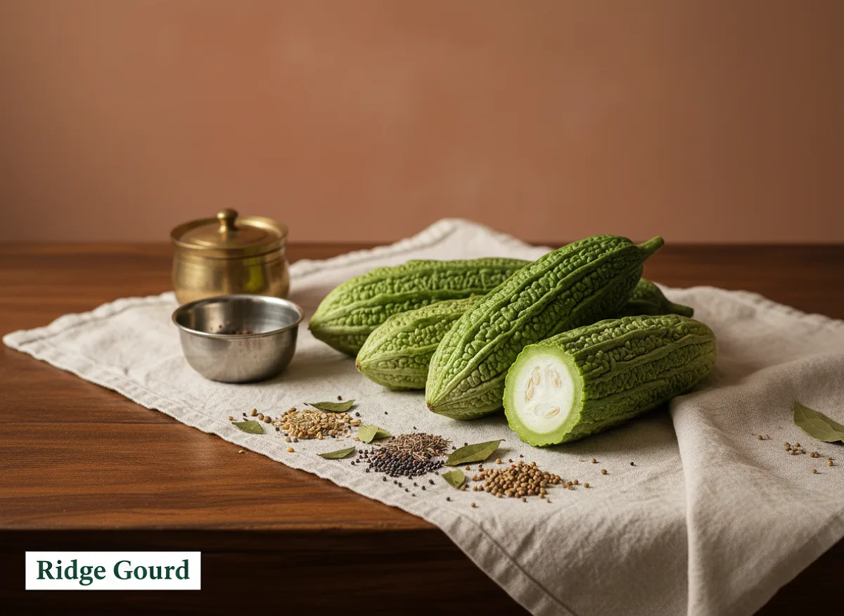 Fresh ridge gourd (तोरई) with characteristic ridged green pods, whole and unpeeled.
