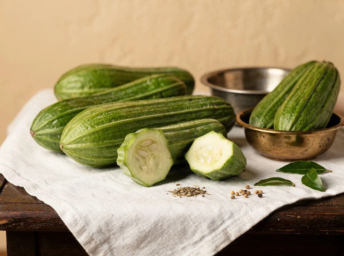 Fresh ridge gourd with light green ridged skin, whole and sliced pieces on white background.