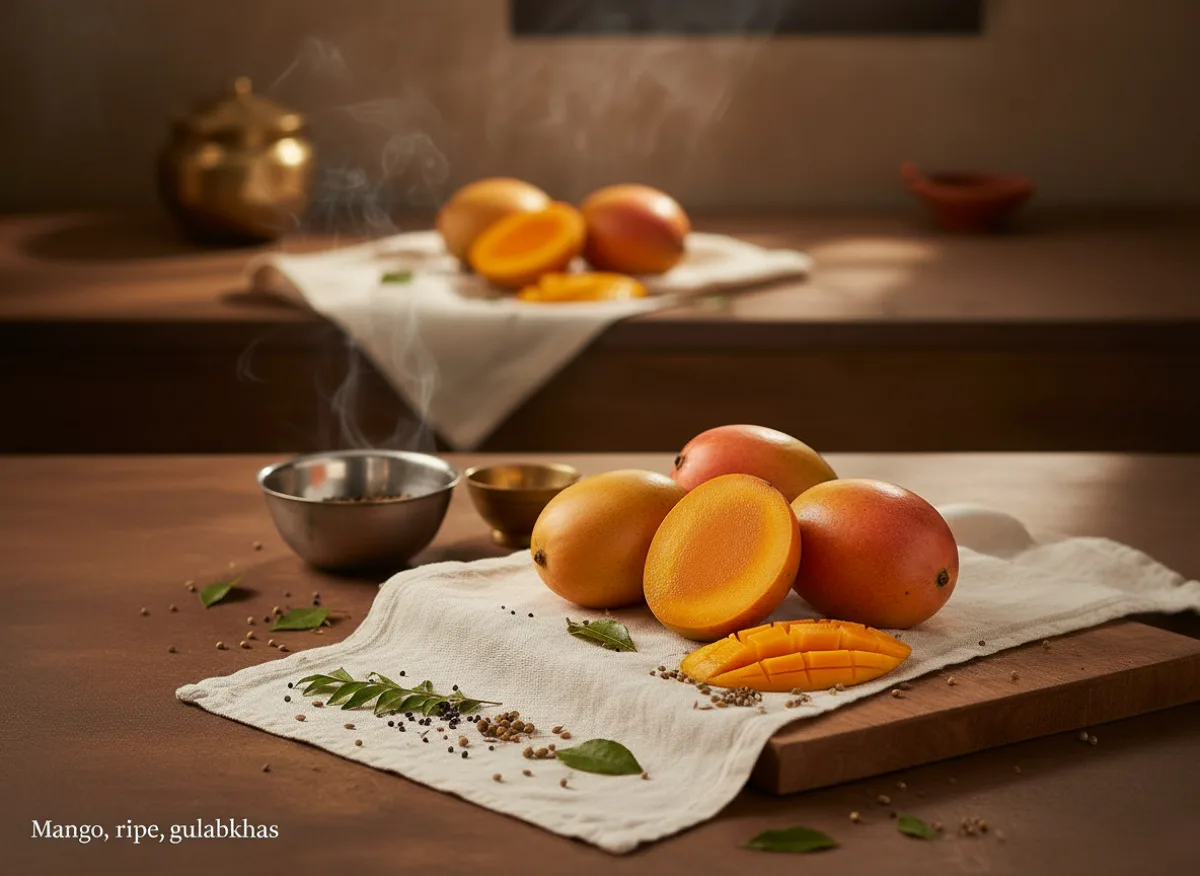 Fresh ripe golden-yellow Gulabkhas mango with smooth skin, whole and halved showing juicy yellow flesh