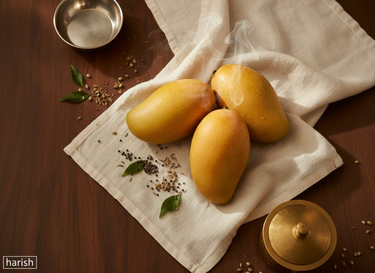 Ripe mango with golden-yellow skin, whole fruit on white background