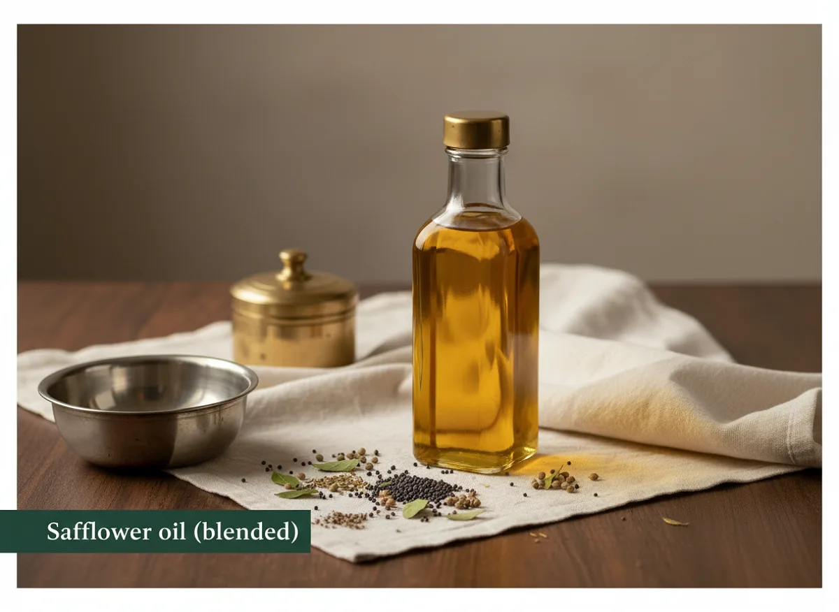 Bottle of light golden safflower oil (कुसुम का तेल) used in Indian cooking
