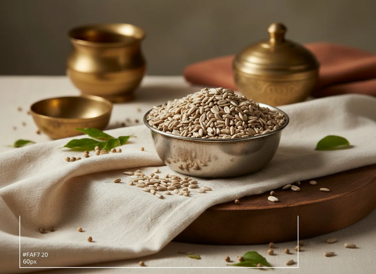 Close-up of small, smooth, white and light brown safflower seeds scattered on a wooden surface.