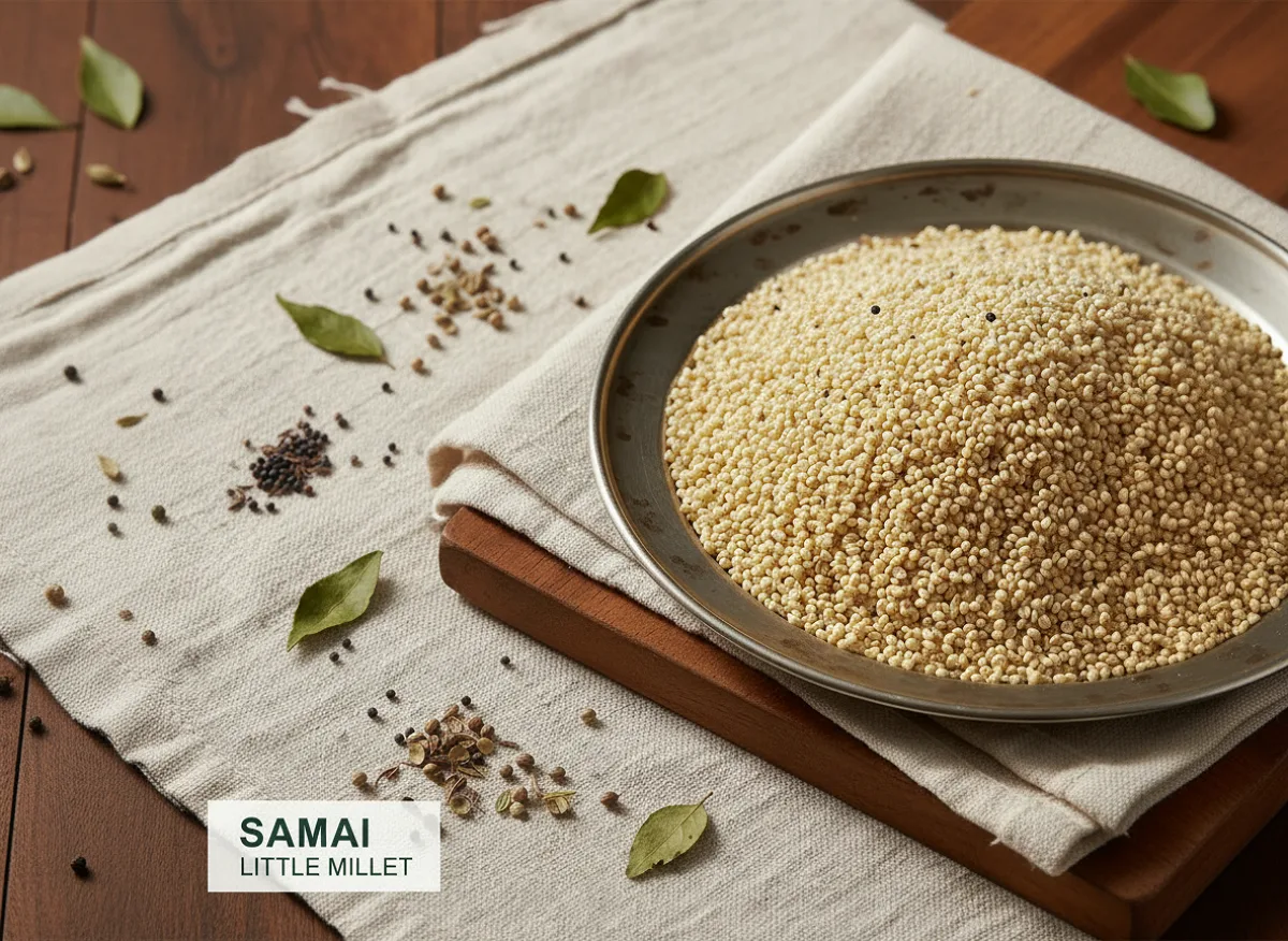 Close-up of small, round, white or light brown samai (little millet) grains in a bowl.