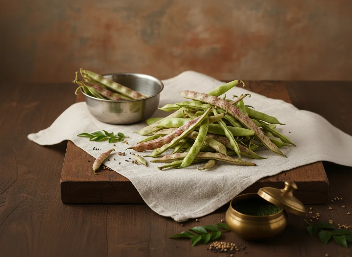 Fresh scarlet runner bean pods, bright green with tender texture, ready for cooking.