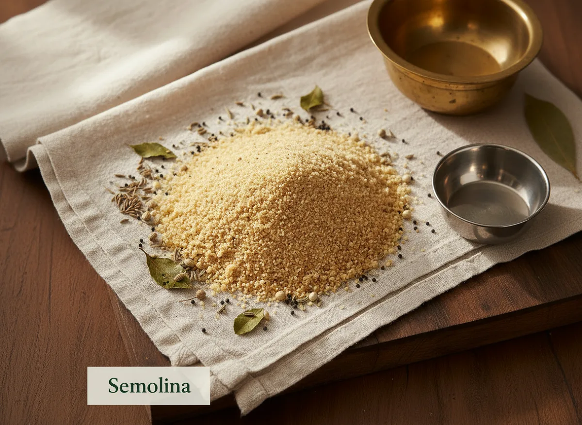 Close-up of fine, pale yellow semolina granules in a white bowl, showing the characteristic coarse texture.