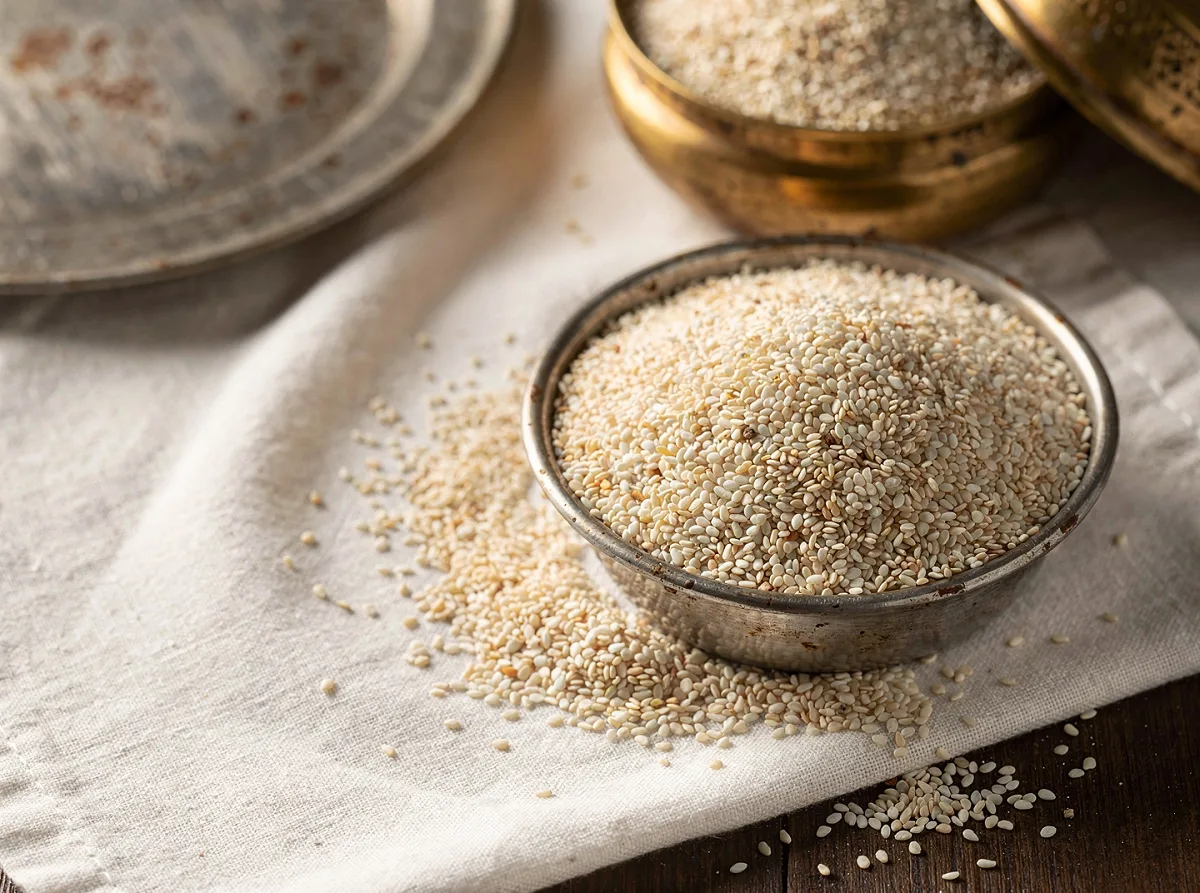 Close-up of small, flat white sesame seeds scattered on a neutral surface, showing their characteristic pale color and texture.