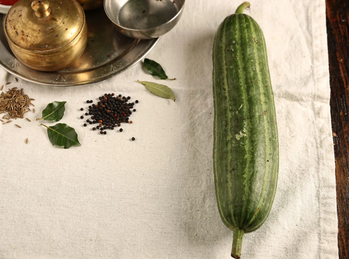 Fresh snake gourd with light green skin, long slender curved shape, and tender texture on white background.