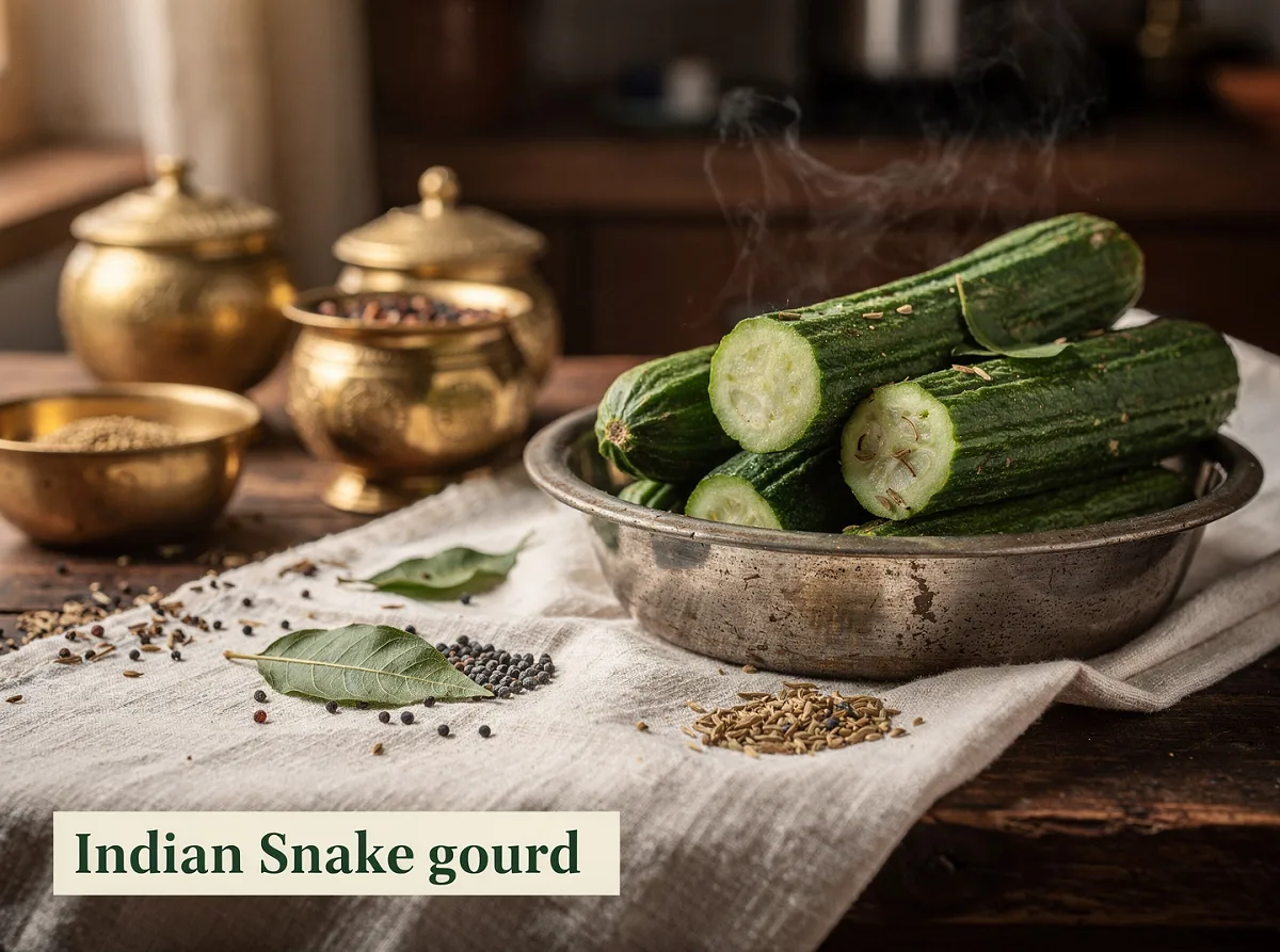 Fresh green snake gourd with light stripes, whole vegetable on white background
