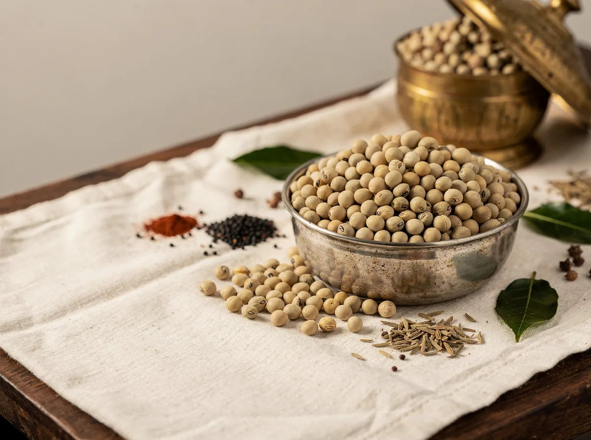 Dried soya beans, whole and pale yellow, in a white bowl.