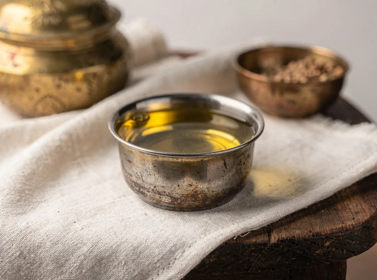 Golden-yellow soybean oil in a clear glass bottle, showing its light colour and neutral appearance.