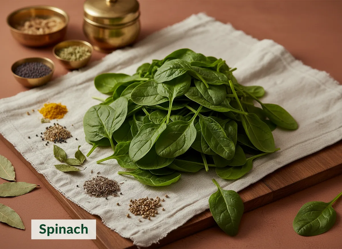 Fresh dark green spinach leaves, tender and glossy, ready for cooking.