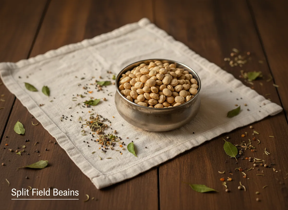 Fresh broad beans in green pods and dried white beans in a bowl, showing both forms used in Indian cooking.