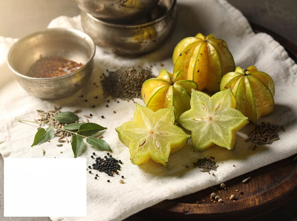 Fresh yellow-green star fruit with five pointed ridges, whole and sliced, showing translucent juicy flesh.