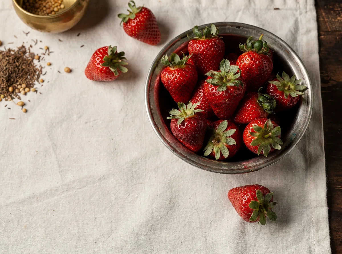 Fresh red strawberries with green leaves and visible seeds on the surface