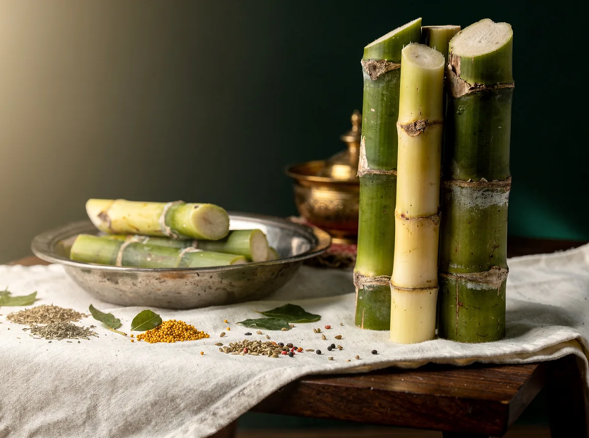 Fresh sugarcane stalks with green and golden hues, bundled together at a market stall.