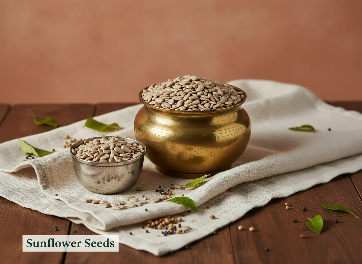 Close-up of whole sunflower seeds with black and white striped shells in a wooden bowl.