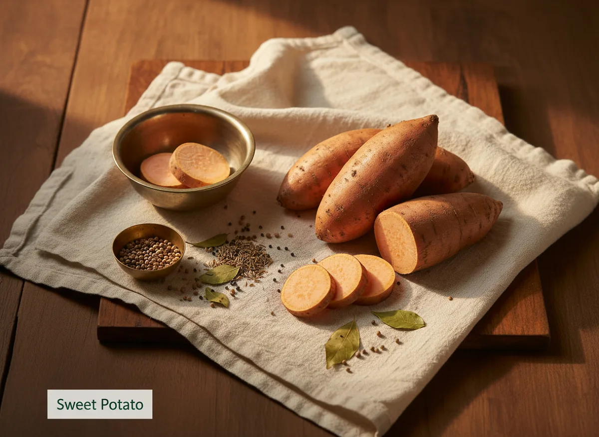 Fresh orange sweet potatoes with smooth brown skin, whole and unpeeled, displayed on a light surface.