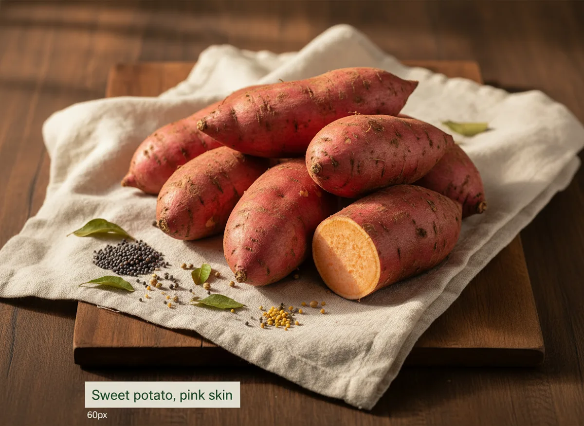 Fresh pink-skinned sweet potatoes with light pink flesh, whole and halved, on a neutral background.