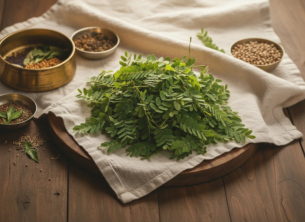 Fresh tender tamarind leaves with delicate green color and feathery texture on branch
