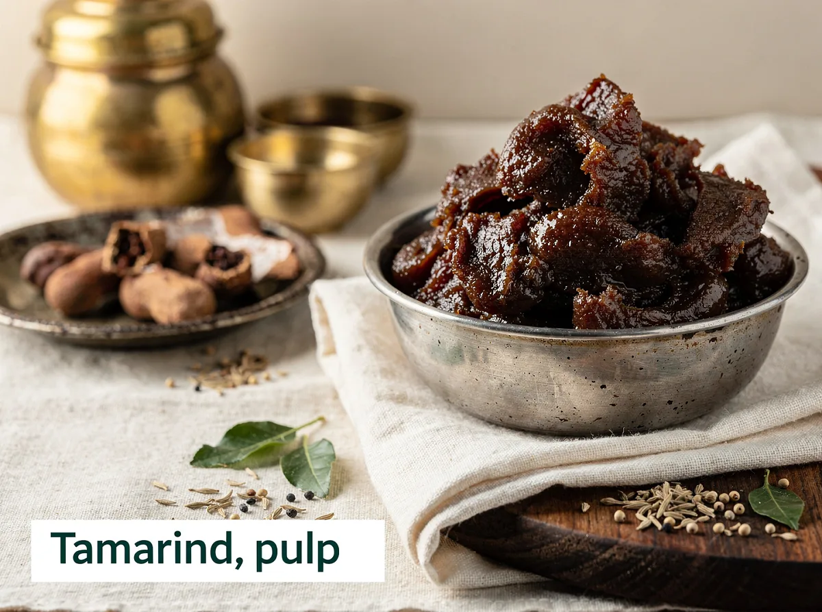 Dark brown tamarind pulp in a glass jar, thick paste texture with slight shine.