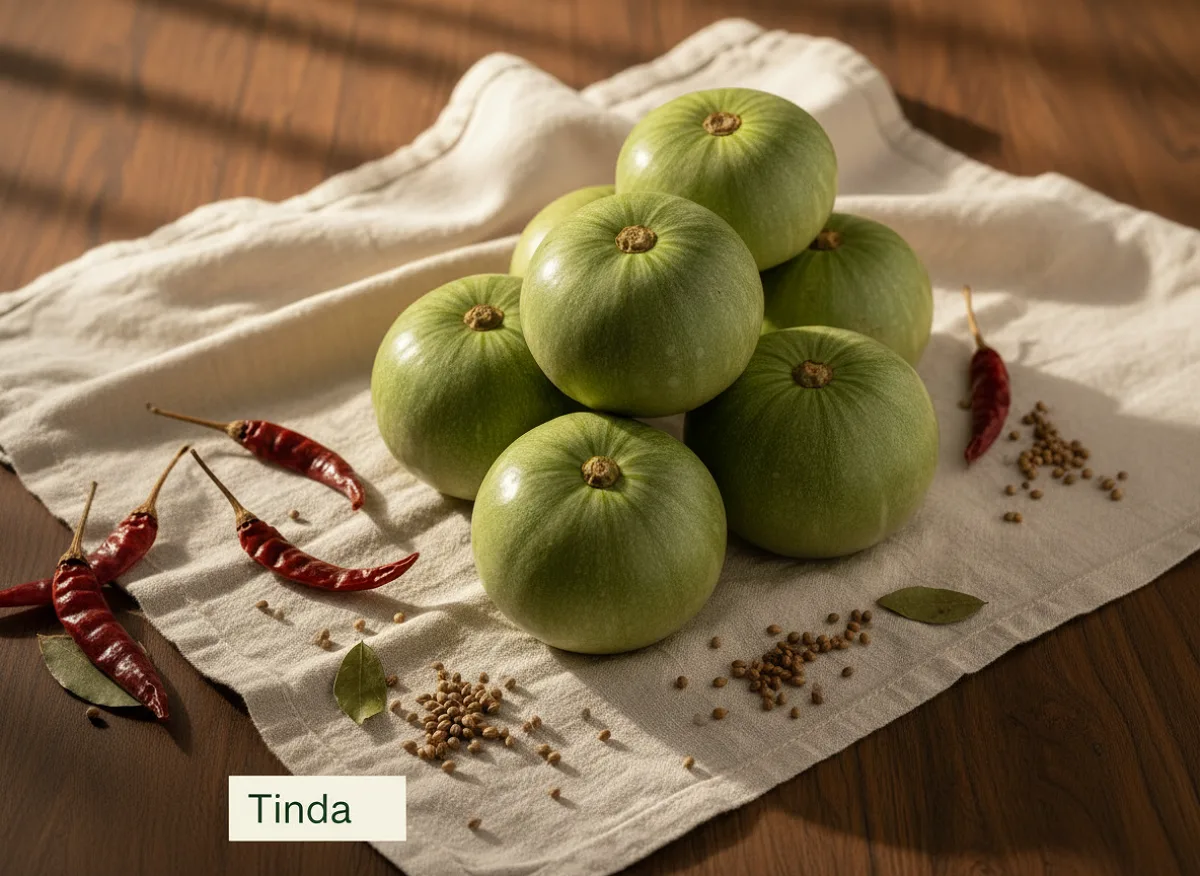 Fresh round green tinda gourds, whole and halved, showing pale green skin and tender flesh.