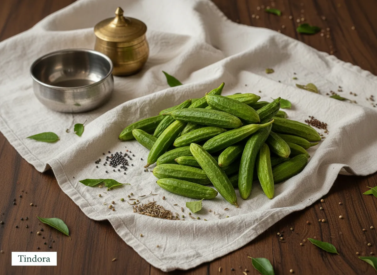 Fresh green tindora (ivy gourd) vegetables with smooth skin, whole and sliced, on a white background.