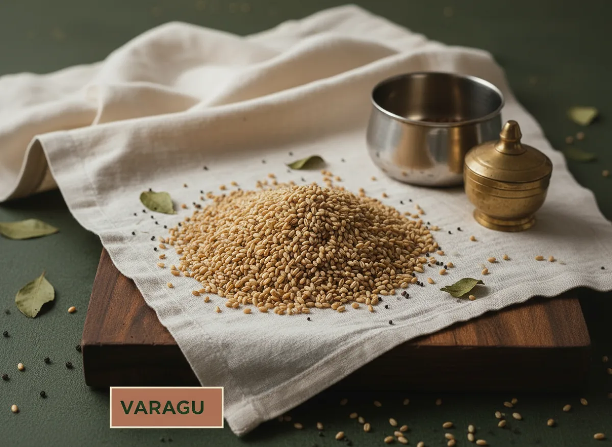 Close-up of golden varagu millet grains, small round seeds in warm yellow tone