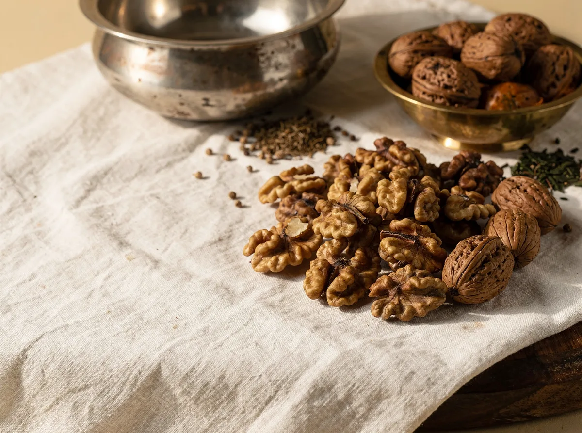 Whole walnuts with brown shells and halved walnut showing light kernel inside