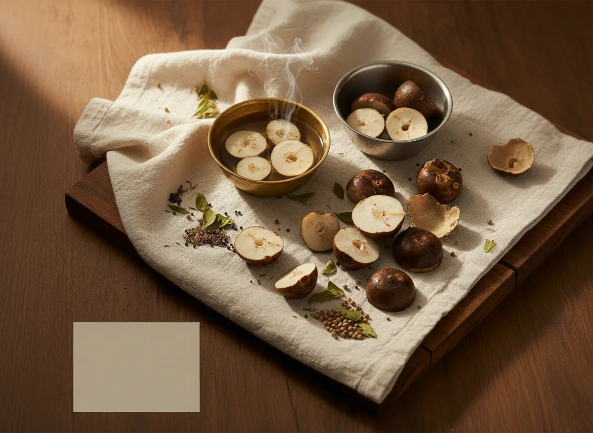 Fresh water chestnuts with dark brown shells and white flesh, whole and halved, on a wooden surface.