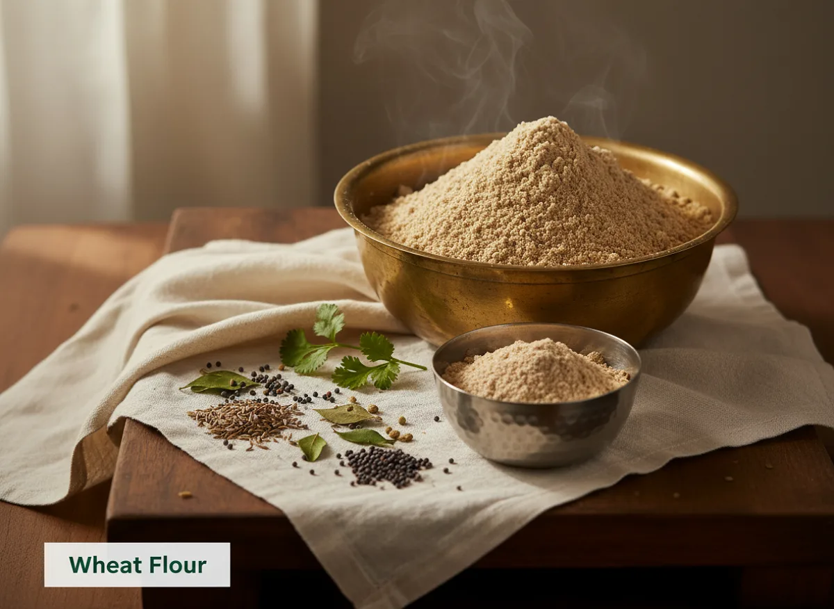 Fine, light brown whole wheat flour in a white bowl with a wooden spoon