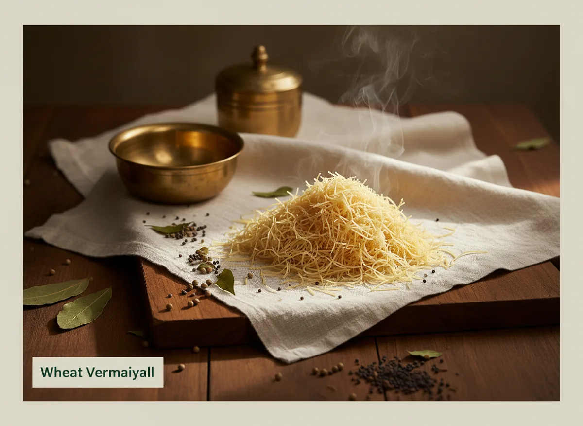 Dried wheat vermicelli noodles, thin and pale yellow, in a pile.