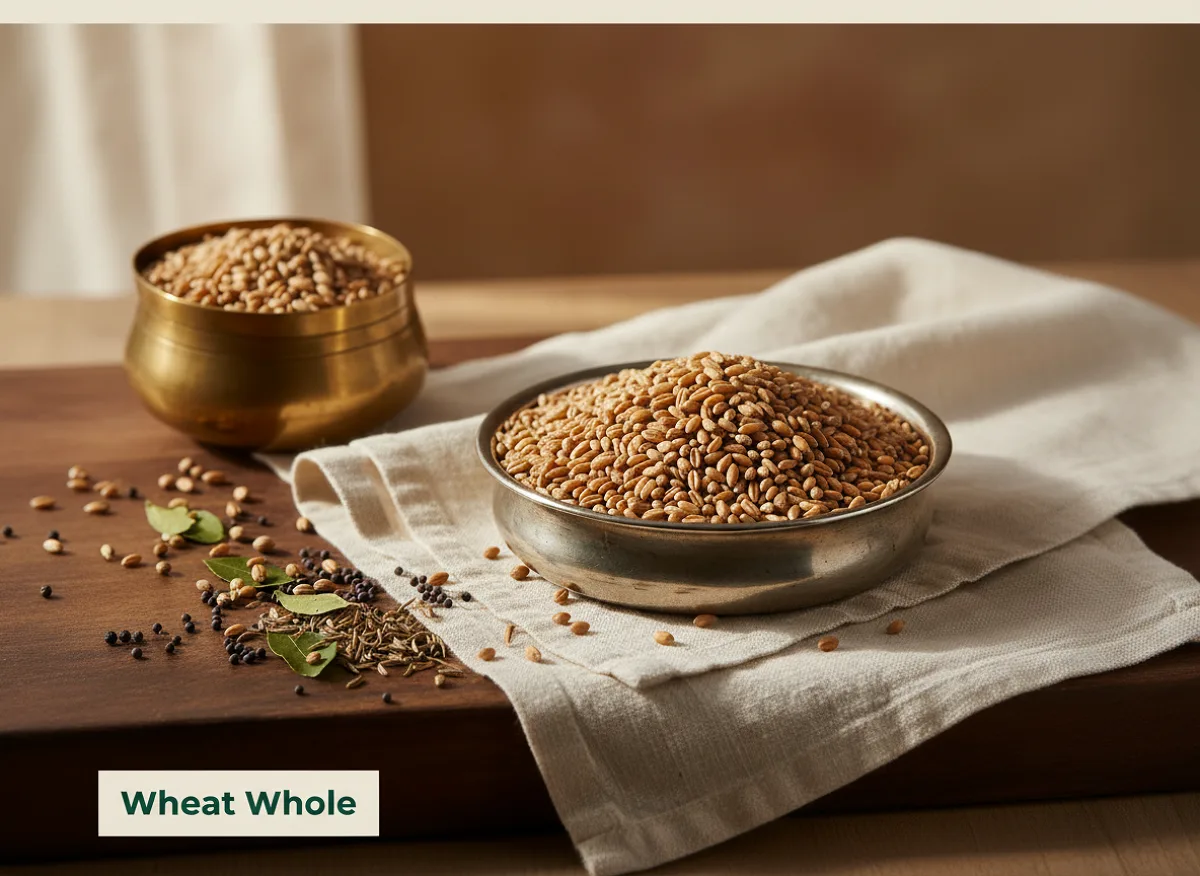 Golden-brown whole wheat grains in a pile, showing natural texture and color