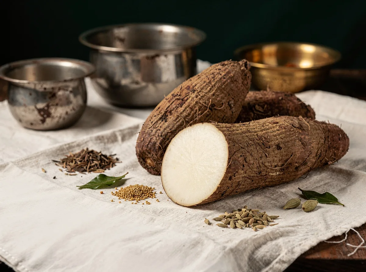 Fresh whole yam with brown rough skin and white creamy flesh inside, displayed on a kitchen counter.