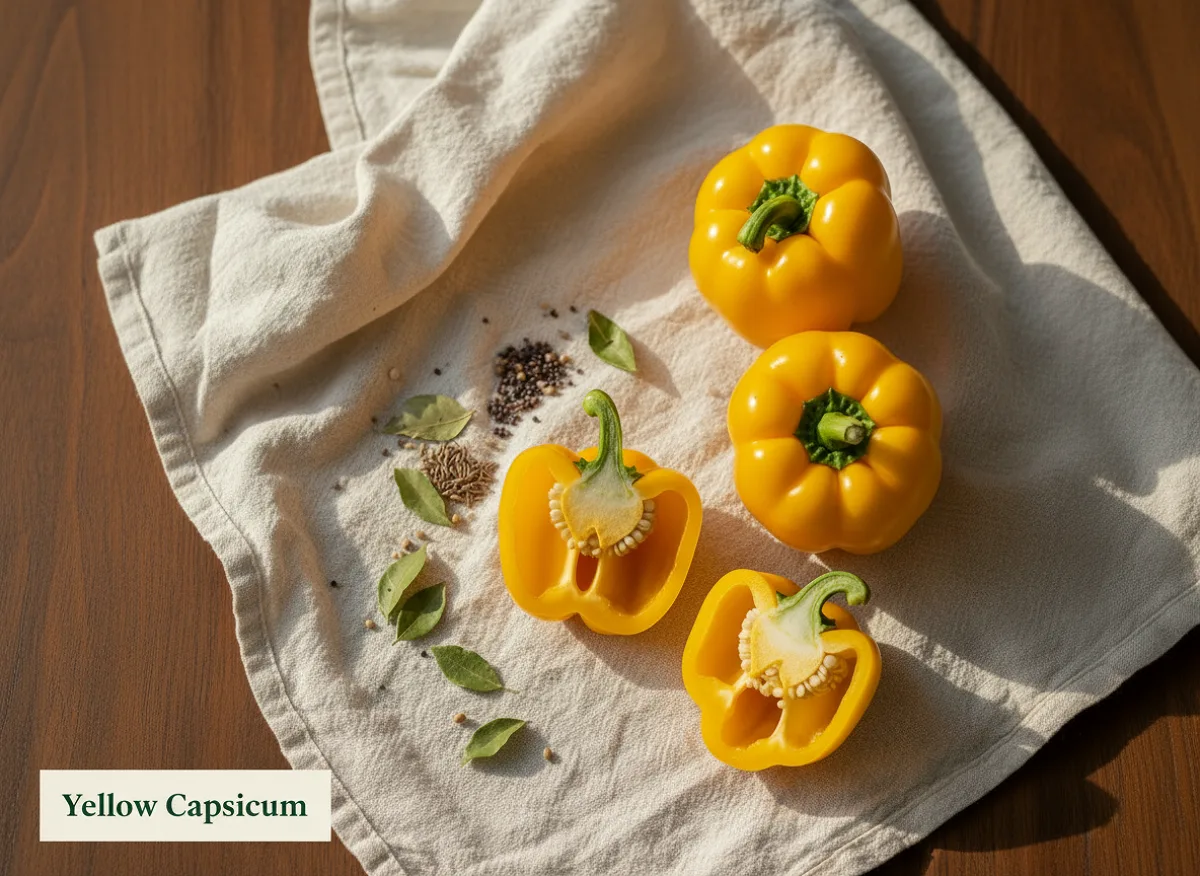 Fresh bright yellow capsicum with glossy skin and bell pepper shape, whole and halved showing white seeds inside.