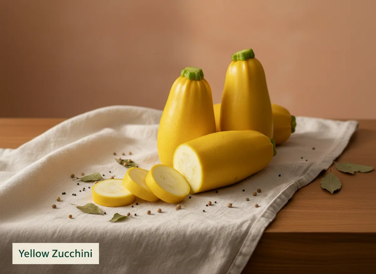 Fresh yellow zucchini with smooth, glossy skin and light green stem on white background.