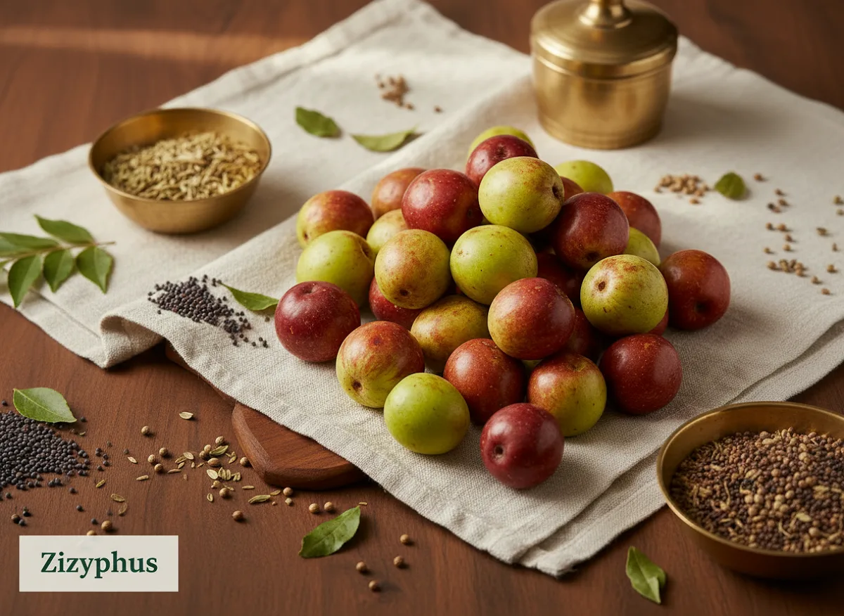 Fresh red jujubes (ber) with smooth skin and white flesh, whole and cut in half.